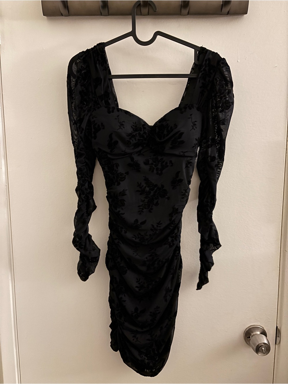 Windsor Black Ruched Velvet Burnout Long Sleeve Sheath Dress